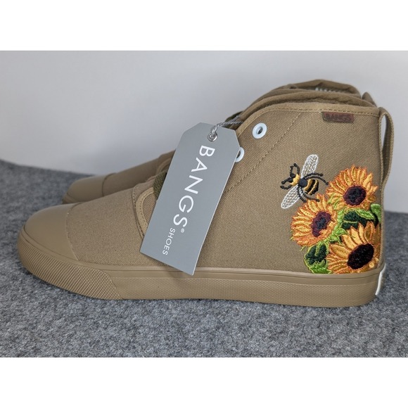 Bangs Shoes - BANGS Shoes Olive Green High-Top Sneaker Shoes M5.5/W7 Sunflower/ Bee Embroidery